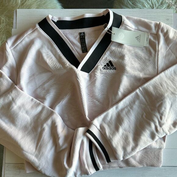 ADIDAS CROPPED V-NECK SWEATSHIRT IN ALMOST PINK - SIZE XS - Picture 2 of 10